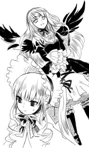 Rating: Safe Score: 0 Tags: 2girls dress frills greyscale hairband image long_hair long_sleeves looking_at_viewer monochrome multiple_girls pair shinku simple_background suigintou white_background wings User: admin