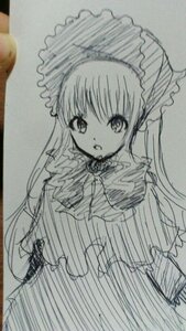 Rating: Safe Score: 0 Tags: 1girl :o bonnet dress frills image long_hair long_sleeves looking_at_viewer monochrome photo shinku simple_background sketch solo striped traditional_media umbrella very_long_hair User: admin