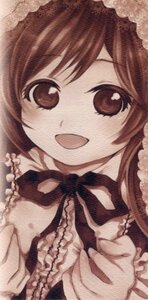 Rating: Safe Score: 0 Tags: 1girl :d bow brown_eyes close-up dress frills hat image long_sleeves looking_at_viewer open_mouth ribbon simple_background smile solo suiseiseki User: admin