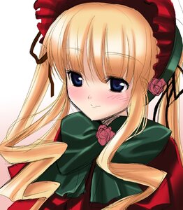 Rating: Safe Score: 0 Tags: 1girl blonde_hair blue_eyes blush bonnet bow bowtie dress flower green_bow image long_hair long_sleeves looking_at_viewer pink_rose rose shinku sidelocks simple_background smile solo twintails upper_body User: admin