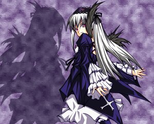 Rating: Safe Score: 0 Tags: 1girl black_wings dress flower frilled_sleeves frills hairband image long_hair long_sleeves looking_at_viewer looking_back pink_eyes ribbon silver_hair solo suigintou very_long_hair wings User: admin
