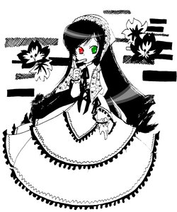 Rating: Safe Score: 0 Tags: 1girl dress flower frills green_eyes heterochromia image long_hair long_sleeves looking_at_viewer monochrome red_eyes solo spot_color suiseiseki twintails very_long_hair User: admin