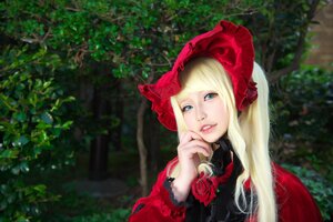 Rating: Safe Score: 0 Tags: 1girl blonde_hair blue_eyes blurry blurry_background bonnet flower forest lips long_hair looking_at_viewer nature outdoors red_flower red_rose rose shinku solo upper_body User: admin