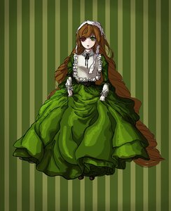 Rating: Safe Score: 0 Tags: 1girl brown_hair dress flower frills full_body green_dress green_eyes heterochromia image long_hair long_sleeves looking_at_viewer open_mouth red_eyes solo striped striped_background suiseiseki vertical_stripes very_long_hair User: admin