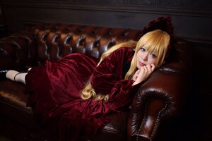 Rating: Safe Score: 0 Tags: 1girl blonde_hair blue_eyes dress flower long_hair long_sleeves looking_at_viewer red_dress rose shinku sitting solo User: admin