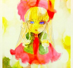 Rating: Safe Score: 0 Tags: 1girl bangs blonde_hair blue_eyes bonnet bow bowtie dress drill_hair flower hat image long_hair looking_at_viewer red_bow shinku solo traditional_media upper_body User: admin