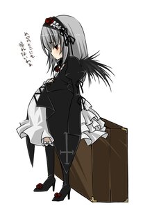 Rating: Safe Score: 0 Tags: 1girl blush boots dress flower full_body high_heels image long_hair long_sleeves puffy_sleeves red_eyes silver_hair solo standing suigintou wings User: admin