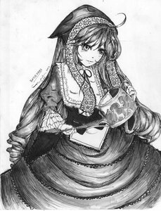 Rating: Safe Score: 0 Tags: 1girl ahoge blush breasts cleavage dress drill_hair frills greyscale hat image long_hair long_sleeves looking_at_viewer monochrome smile solo suiseiseki traditional_media twin_drills very_long_hair wide_sleeves User: admin