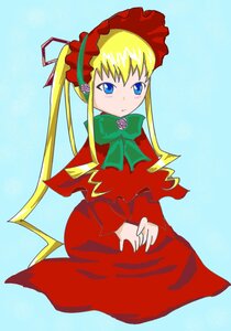 Rating: Safe Score: 0 Tags: 1girl blonde_hair blue_background blue_eyes bonnet bow bowtie capelet dress flower full_body green_bow green_neckwear image long_hair long_sleeves looking_at_viewer red_dress rose shinku sidelocks sitting solo twintails User: admin