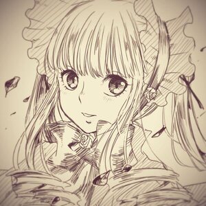 Rating: Safe Score: 0 Tags: 1girl bangs flower image long_hair looking_at_viewer monochrome rose shinku smile solo User: admin