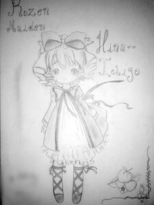 Rating: Safe Score: 0 Tags: 1girl bow dress full_body hair_bow hinaichigo image long_sleeves looking_at_viewer monochrome ribbon short_hair smile solo standing traditional_media User: admin