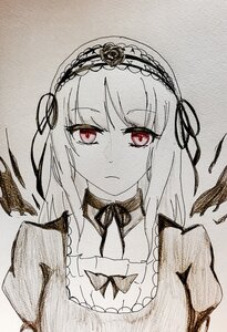 Rating: Safe Score: 0 Tags: 1girl bangs closed_mouth eyebrows_visible_through_hair frills hairband image long_hair looking_at_viewer monochrome red_eyes ribbon solo suigintou traditional_media upper_body User: admin