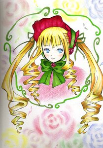 Rating: Safe Score: 0 Tags: 1girl blonde_hair blue_eyes blush bonnet bow bowtie dress drill_hair flower green_bow image long_hair long_sleeves looking_at_viewer marker_(medium) ringlets shinku sidelocks solo traditional_media twin_drills twintails User: admin