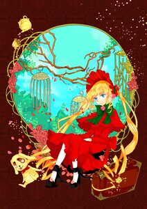 Rating: Safe Score: 0 Tags: 1girl blonde_hair blue_eyes bonnet bow bowtie doll dress flower green_bow image long_hair red_dress rose shinku sitting solo suitcase twintails very_long_hair User: admin
