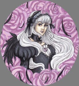 Rating: Safe Score: 0 Tags: 1girl black_border flower gothic_lolita image letterboxed lips lolita_fashion long_hair purple_eyes rose solo suigintou wings User: admin