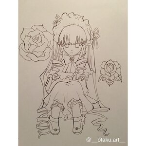 Rating: Safe Score: 0 Tags: 1girl dress drill_hair flower frills full_body image long_hair long_sleeves looking_at_viewer monochrome rose shinku sitting solo traditional_media very_long_hair User: admin