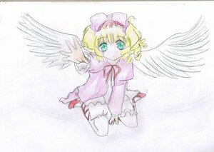 Rating: Safe Score: 0 Tags: 1girl angel_wings blonde_hair bow dress feathered_wings full_body green_eyes hina_ichigo hinaichigo image long_sleeves looking_at_viewer pink_bow short_hair simple_background solo traditional_media white_background white_legwear white_wings wings User: admin