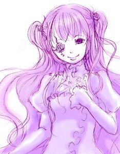 Rating: Safe Score: 0 Tags: 1girl breasts dress elbow_gloves hair_ornament image kirakishou long_hair looking_at_viewer monochrome purple_theme sketch smile solo striped two_side_up User: admin