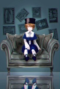 Rating: Safe Score: 0 Tags: 1girl blue_dress chair dress green_eyes hair_over_one_eye hat image long_sleeves looking_at_viewer shoes short_hair sitting solo souseiseki User: admin