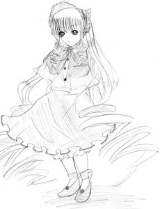 Rating: Safe Score: 0 Tags: 1girl bonnet bowtie capelet dress frills full_body greyscale image long_hair long_sleeves looking_at_viewer monochrome ribbon shinku simple_background solo standing very_long_hair white_background User: admin