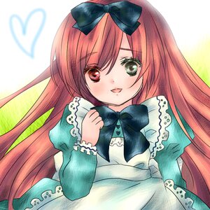 Rating: Safe Score: 0 Tags: 1girl apron black_bow blue_dress bow bowtie dress green_eyes hair_bow heart image juliet_sleeves long_hair long_sleeves looking_at_viewer puffy_sleeves red_eyes smile solo suiseiseki traditional_media very_long_hair User: admin