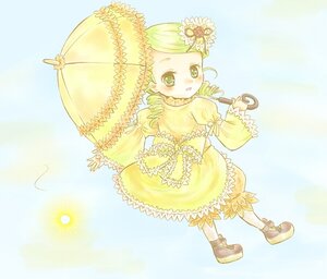 Rating: Safe Score: 0 Tags: 1girl blonde_hair blush dress drill_hair flower frills full_body green_eyes green_hair hair_ornament holding_umbrella image kanaria long_sleeves looking_at_viewer musical_note parasol smile solo standing twin_drills umbrella yellow_dress yellow_footwear User: admin