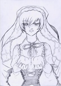 Rating: Safe Score: 0 Tags: 1girl blush braid dress eyebrows_visible_through_hair frills image long_hair long_sleeves looking_at_viewer monochrome smile solo suiseiseki traditional_media veil User: admin