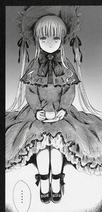 Rating: Safe Score: 0 Tags: 1girl bonnet bowtie capelet cup dress frills greyscale hat image lolita_fashion long_hair long_sleeves looking_at_viewer monochrome ribbon shinku sitting solo teacup traditional_media very_long_hair User: admin