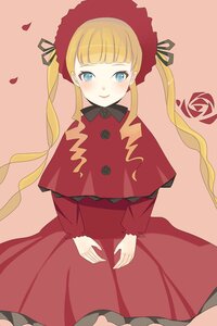 Rating: Safe Score: 0 Tags: 1girl bangs blonde_hair blue_eyes blush bonnet bow capelet dress image long_hair long_sleeves looking_at_viewer petals red_dress shinku simple_background smile solo twintails User: admin