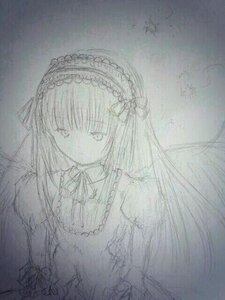 Rating: Safe Score: 0 Tags: 1girl bangs closed_mouth dress frills hairband image long_hair long_sleeves monochrome ribbon sketch solo suigintou traditional_media upper_body wings User: admin