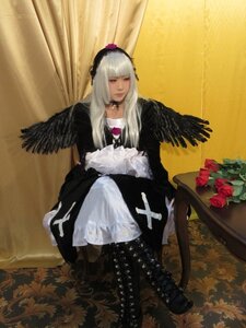 Rating: Safe Score: 0 Tags: 1girl black_wings boots dress flower frills lips long_hair long_sleeves rose silver_hair sitting solo suigintou wings User: admin