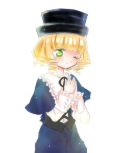 Rating: Safe Score: 0 Tags: 1girl bangs blonde_hair blush capelet costume_switch eyebrows_visible_through_hair green_eyes hat image long_sleeves looking_at_viewer one_eye_closed shirt short_hair simple_background skirt smile solo striped white_background User: admin