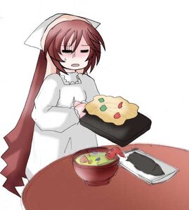 Rating: Safe Score: 0 Tags: 1girl apron blush brown_hair closed_eyes food head_scarf image knife long_hair solo suiseiseki sweater User: admin