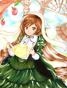 Rating: Safe Score: 0 Tags: 1girl brown_hair dress drill_hair food fruit green_dress green_eyes heterochromia image long_hair long_sleeves looking_at_viewer red_eyes smile solo suiseiseki very_long_hair watering_can User: admin