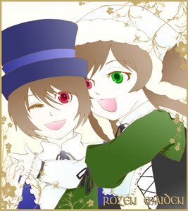 Rating: Safe Score: 0 Tags: brown_hair dress green_dress green_eyes hat head_scarf image long_sleeves multiple_girls open_mouth pair red_eyes ribbon short_hair siblings sisters smile souseiseki star_(symbol) suiseiseki top_hat twins User: admin