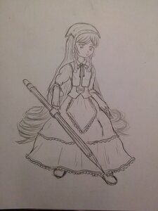 Rating: Safe Score: 0 Tags: 1girl apron closed_mouth dress full_body hat holding image long_hair long_sleeves monochrome shoes sketch solo standing suiseiseki traditional_media very_long_hair User: admin