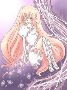 Rating: Safe Score: 0 Tags: 1girl blonde_hair boots dress eyepatch flower image kirakishou long_hair pink_hair sitting solo very_long_hair white_dress User: admin