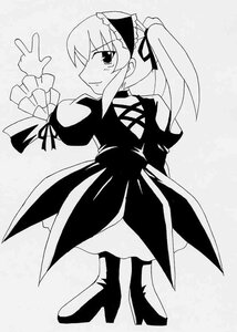 Rating: Safe Score: 0 Tags: 1girl blush boots dress full_body greyscale hairband high_heels image juliet_sleeves long_hair long_sleeves looking_at_viewer looking_back monochrome puffy_sleeves smile solo standing suigintou User: admin