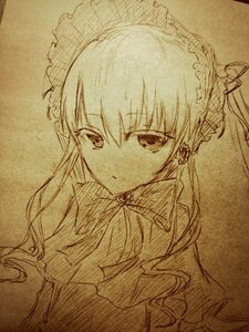 Rating: Safe Score: 0 Tags: 1girl bangs bowtie closed_mouth dress eyebrows_visible_through_hair frills frown hair_between_eyes hairband image lolita_fashion long_hair looking_at_viewer monochrome shinku sketch solo traditional_media upper_body User: admin