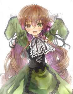 Rating: Safe Score: 0 Tags: 1girl :d arms_up blush brown_eyes brown_hair commentary_request cowboy_shot dress drill_hair frills green_dress green_eyes happy heterochromia image long_hair long_sleeves looking_at_viewer open_mouth rozen_maiden smile solo suiseiseki ultimate_asuka very_long_hair white_background User: admin