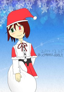 Rating: Safe Score: 0 Tags: 1girl auto_tagged blush brown_hair capelet christmas dress green_eyes hat heterochromia image red_capelet red_eyes santa_costume santa_hat short_hair snowflakes solo souseiseki User: admin
