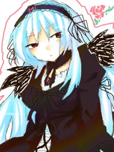 Rating: Safe Score: 0 Tags: 1girl cross-laced_clothes dress flower frills hairband image lolita_hairband long_hair long_sleeves looking_at_viewer red_eyes ribbon rose silver_hair simple_background solo suigintou upper_body white_background wings User: admin