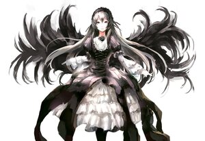 Rating: Safe Score: 0 Tags: 1girl black_wings dress flower frills hairband image long_hair long_sleeves looking_at_viewer rose silver_hair simple_background solo suigintou very_long_hair white_background wings User: admin