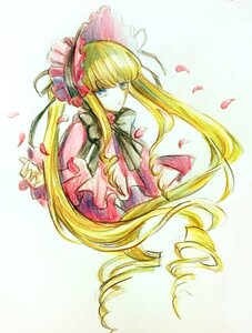 Rating: Safe Score: 0 Tags: 1girl blonde_hair blue_eyes bonnet bow dress drill_hair flower image long_hair long_sleeves petals pink_flower rose shinku solo traditional_media twintails very_long_hair User: admin