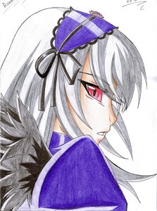 Rating: Safe Score: 0 Tags: 1girl dated dress frills hat image long_hair looking_at_viewer profile red_eyes ribbon signature silver_hair simple_background solo suigintou traditional_media white_background User: admin