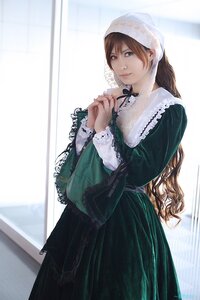 Rating: Safe Score: 0 Tags: 1girl blurry brown_hair closed_mouth dress frills green_dress heterochromia long_hair long_sleeves looking_at_viewer own_hands_together red_eyes ribbon solo standing suiseiseki very_long_hair User: admin