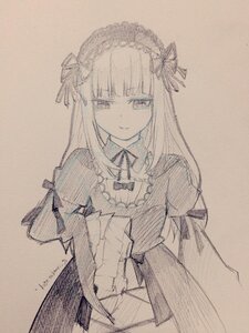 Rating: Safe Score: 0 Tags: 1girl bangs brown_background closed_mouth dress eyebrows_visible_through_hair frilled_hairband hairband image juliet_sleeves long_hair long_sleeves looking_at_viewer monochrome ribbon simple_background solo suigintou traditional_media User: admin