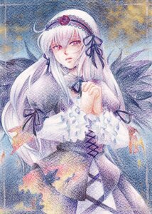 Rating: Safe Score: 0 Tags: 1girl black_ribbon black_wings dress frilled_sleeves frills hairband image long_hair long_sleeves looking_at_viewer red_eyes solo suigintou wings User: admin