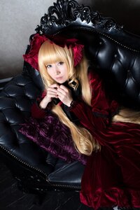 Rating: Safe Score: 0 Tags: 1girl blonde_hair blue_eyes bow couch dress flower hands_together lips long_hair long_sleeves looking_at_viewer own_hands_together red_dress rose shinku sitting solo twintails User: admin