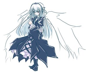 Rating: Safe Score: 0 Tags: 1girl bangs boots closed_mouth dress eyebrows_visible_through_hair flower frills full_body image lolita_hairband long_hair long_sleeves looking_at_viewer monochrome rose simple_background solo standing suigintou very_long_hair white_background wings User: admin